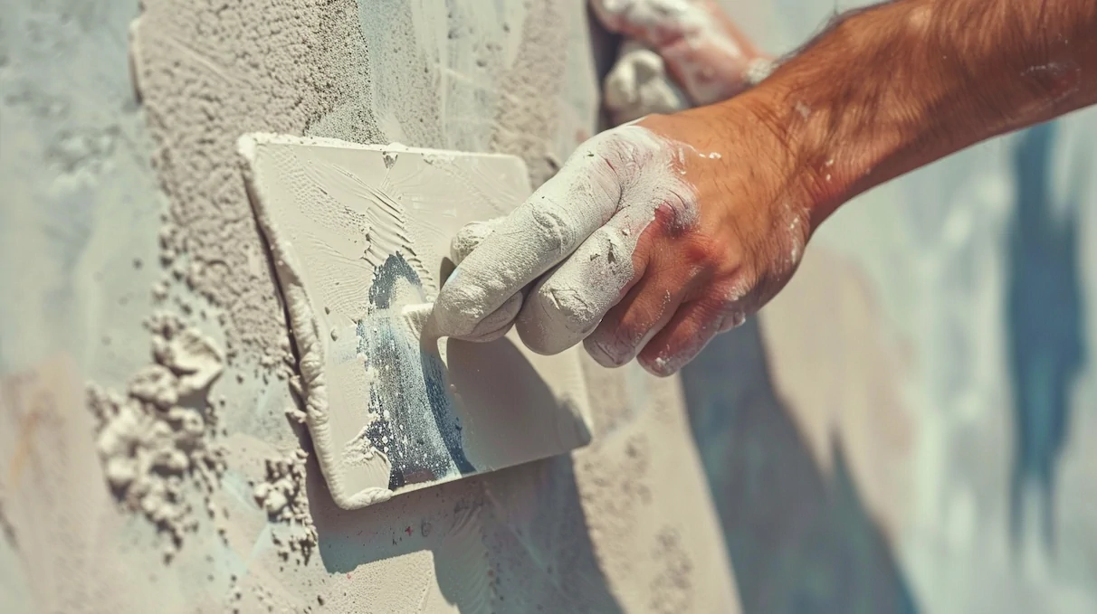 Professional applying smooth wall finishing coat