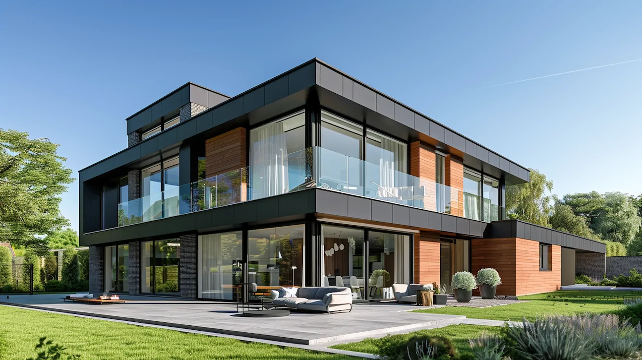 Modern house exterior with large aluminum windows