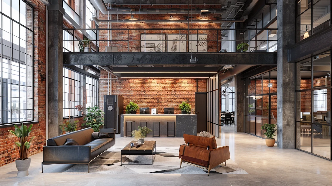 Modern office lobby in Dublin featuring industrial brick veneer
