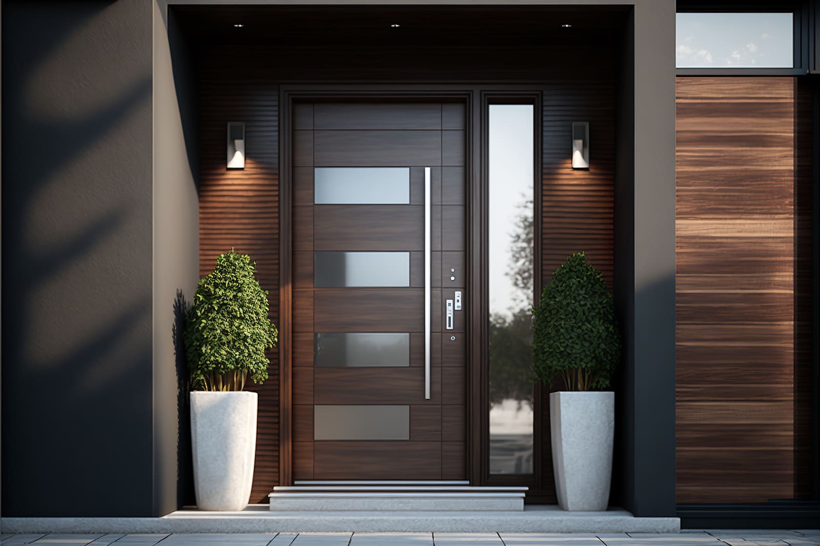 Modern front elevation with a dark timber-effect entrance door, glazed side panel and wall lights, beside a wide horizontally panelled door in matching wood finish