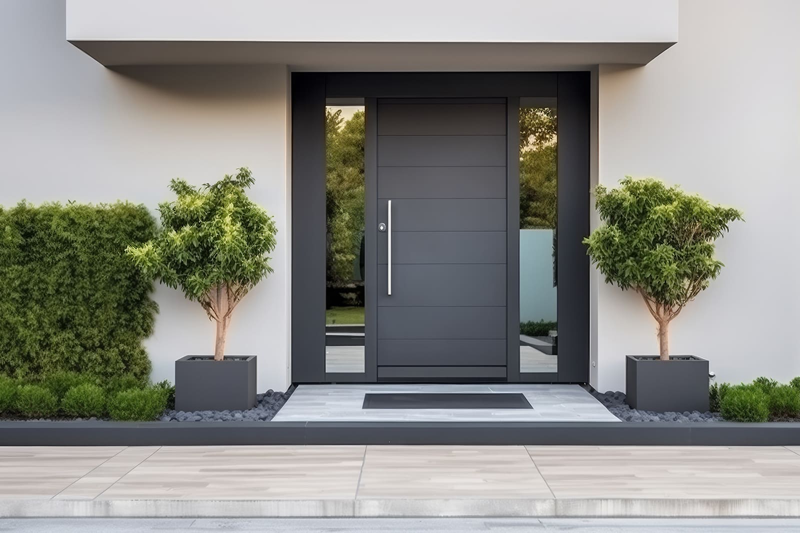 Anthracite aluminium entrance door with a horizontal-groove panel, full-height glazed sidelights on both sides and a long stainless pull handle, set under a flat canopy