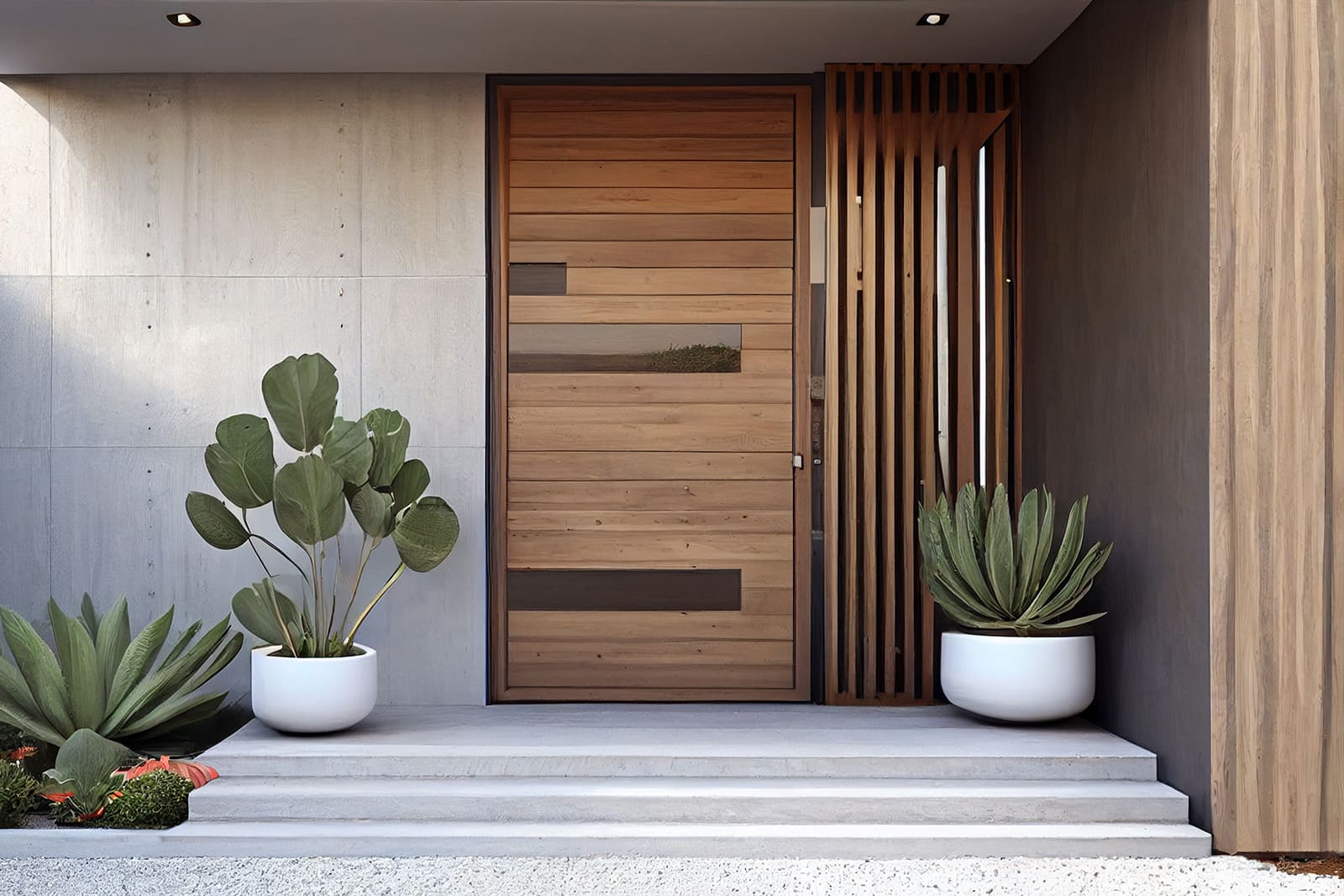 Oversized timber-clad entrance door with horizontal boards and a slatted timber screen beside it, set in a concrete-finish facade