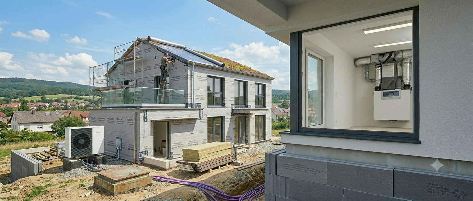 Construction site showing an insulated house with mechanical ventilation ductwork visible