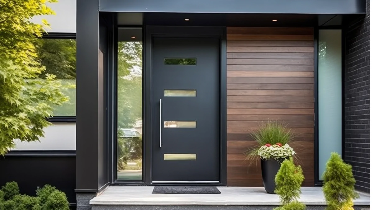 Modern anthracite aluminium entrance door with glazed inserts, sidelights and a long stainless pull handle