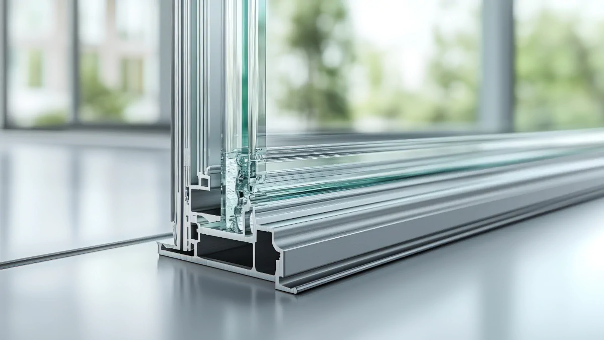 Cutaway of a triple-glazed lift-and-slide door showing the low threshold track and frame profile