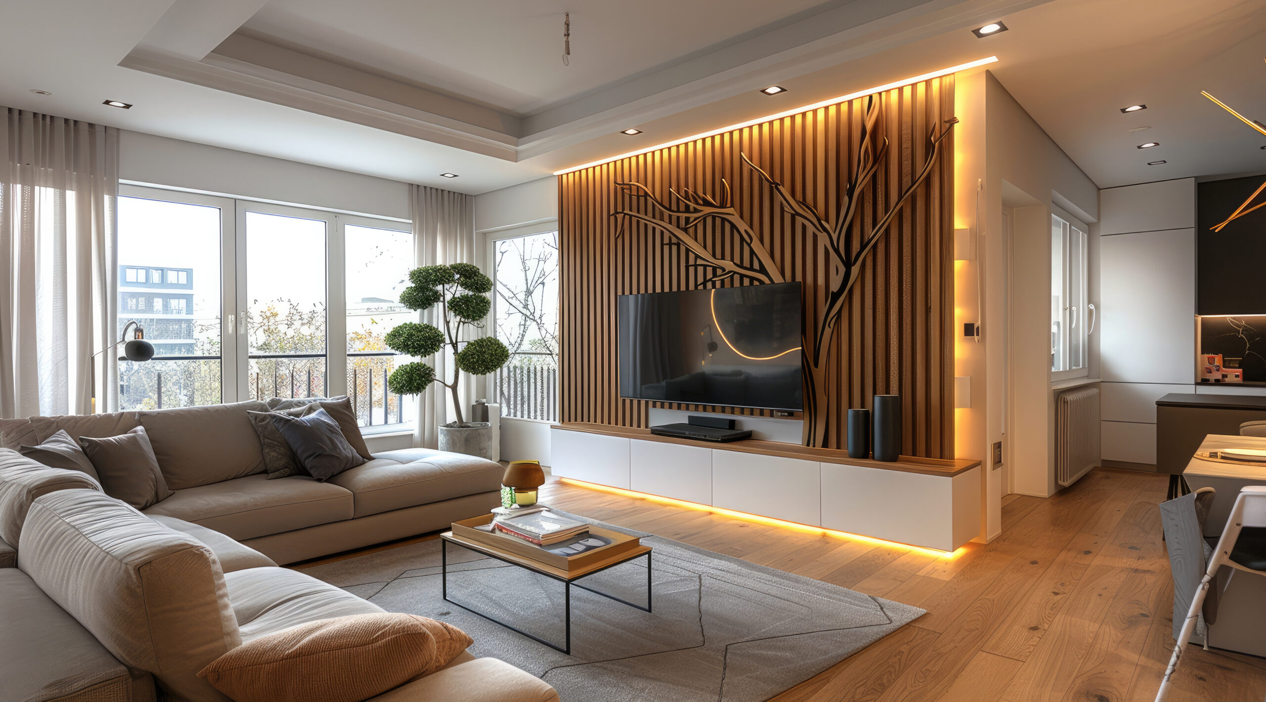 Interior with wood slat wall panelling and engineered timber flooring